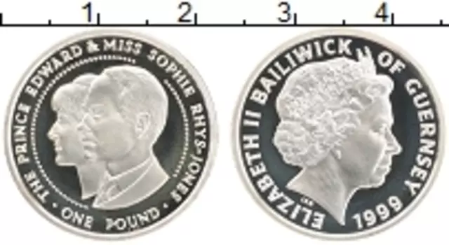 Монета фунт Гернси 1999 года Серебро Свадьба принца Эдварда и мисс Софи Рис-Джонс