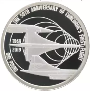 Монета фунт Олдерни 2019 года Серебро 50 лет со дня первого полета Конкорда