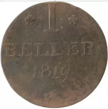 Монета геллер Франкфурта 1819 года Медь