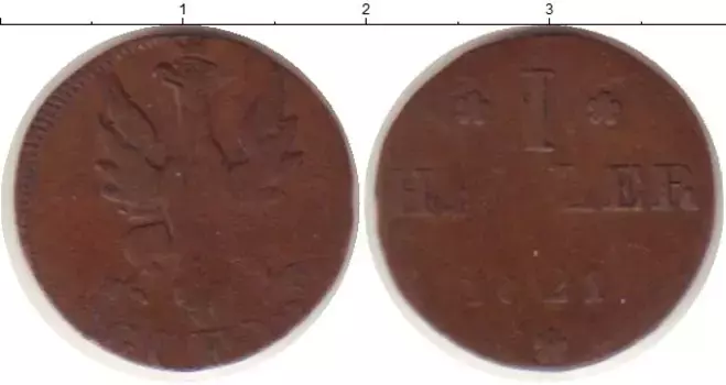 Монета геллер Франкфурта 1821 года Медь