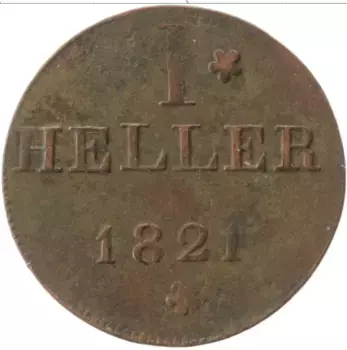 Монета геллер Франкфурта 1821 года Медь