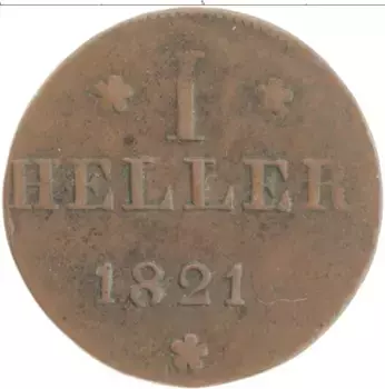 Монета геллер Франкфурта 1821 года Медь F GB