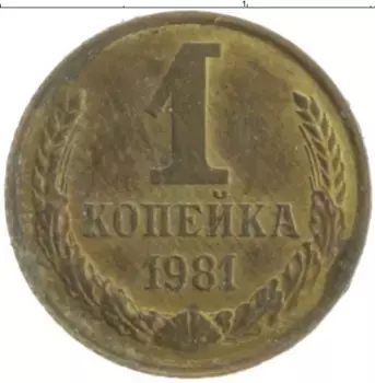 Монета копейка СССР 1981 года Латунь Внутренние колосья, с короткими, плотными остями