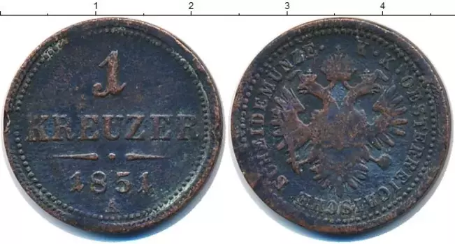 Монета крейцер Австрии 1851 года Бронза