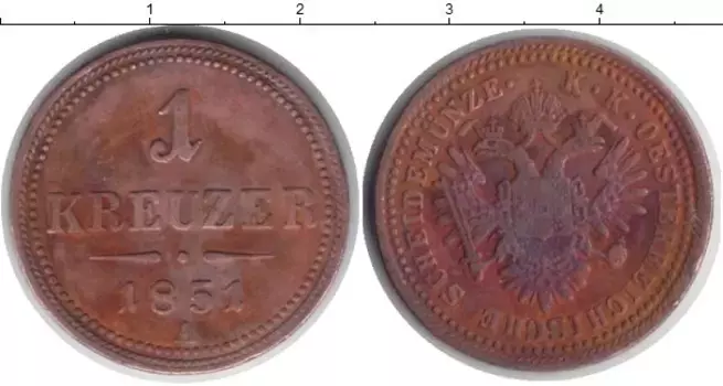 Монета крейцер Австрии 1851 года Медь A