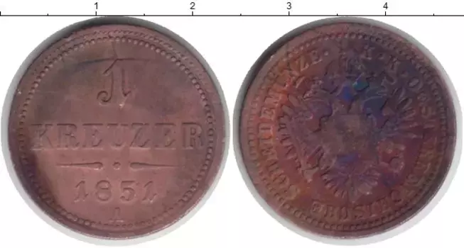Монета крейцер Австрии 1851 года Медь A