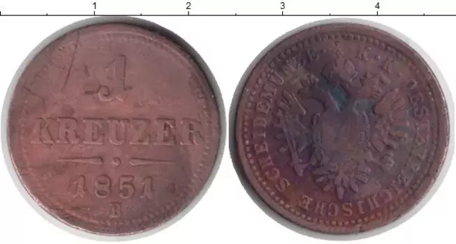 Монета крейцер Австрии 1851 года Медь B