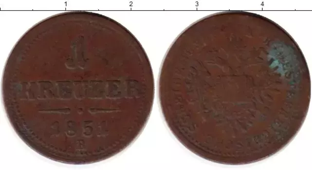 Монета крейцер Австрии 1851 года Медь В