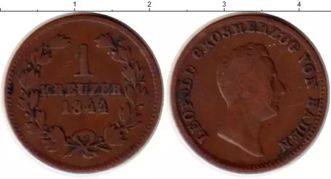Монета крейцер Бадена 1844 года Медь Леопольд