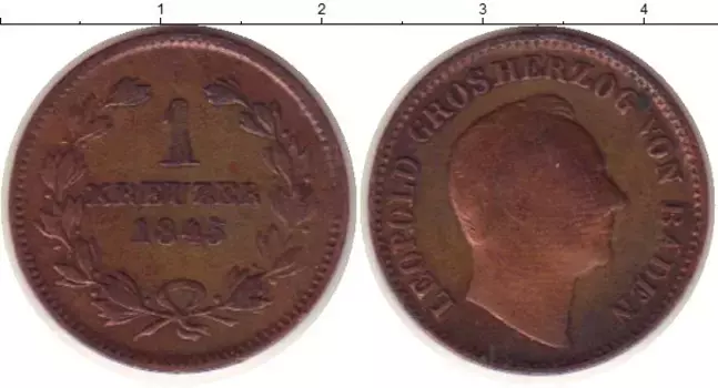 Монета крейцер Бадена 1845 года Медь Леопольд