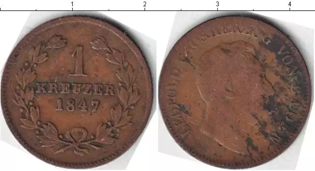 Монета крейцер Бадена 1847 года Медь Леопольд