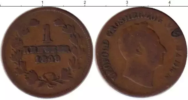 Монета крейцер Бадена 1849 года Медь Леопольд