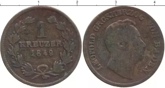 Монета крейцер Бадена 1849 года Медь Леопольд