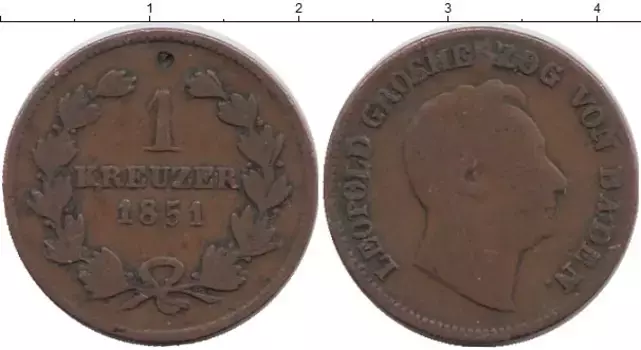 Монета крейцер Бадена 1851 года Медь Леопольд I