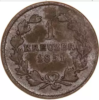 Монета крейцер Бадена 1851 года Медь Леопольд