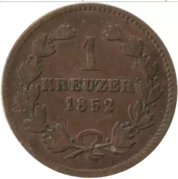 Монета крейцер Бадена 1852 года Медь Леопольд