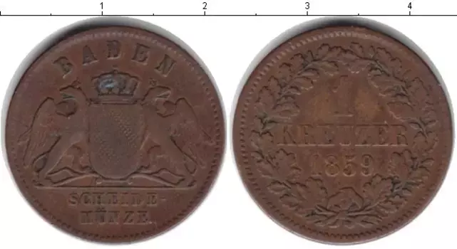Монета крейцер Бадена 1859 года Медь