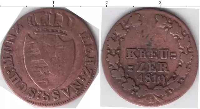 Монета крейцер Нассау 1819 года Медь Герб
