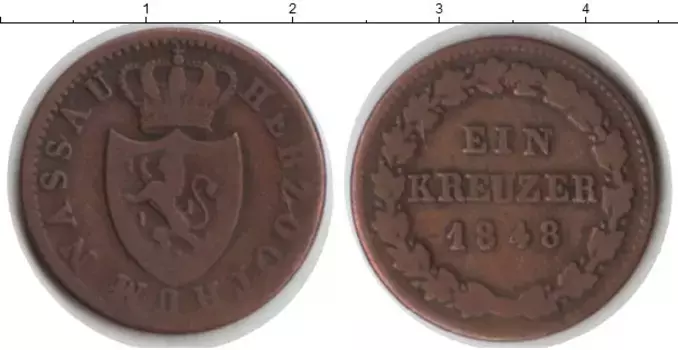 Монета крейцер Нассау 1848 года Медь