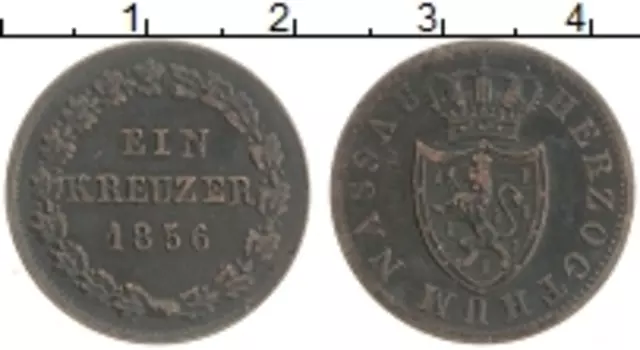 Монета крейцер Нассау 1856 года Медь