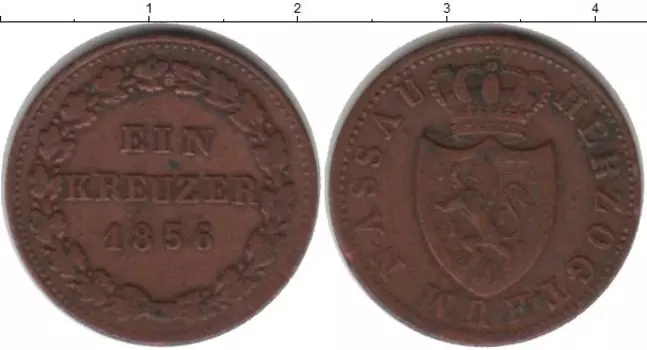 Монета крейцер Нассау 1856 года Медь