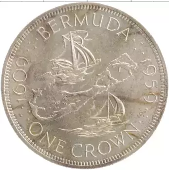 Монета крона Бермудских островов 1959 года Серебро 350 лет Открытия