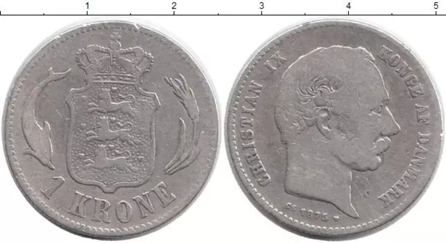 Монета крона Дании 1875 года Серебро Кристиан IX