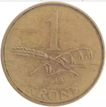 Монета крона Дании 1944 года Латунь Кристиан Х