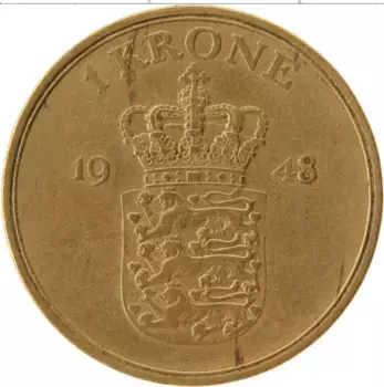 Монета крона Дании 1948 года Латунь Фредерик IX