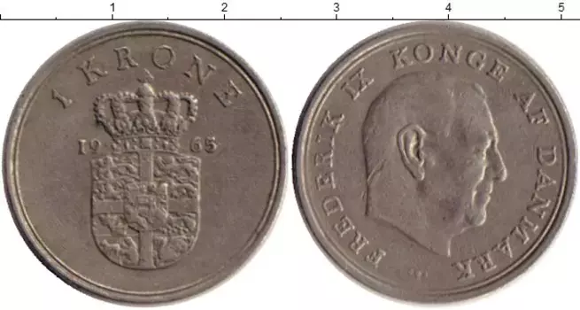 Монета крона Дании 1965 года Медно-никель Фредерик IX