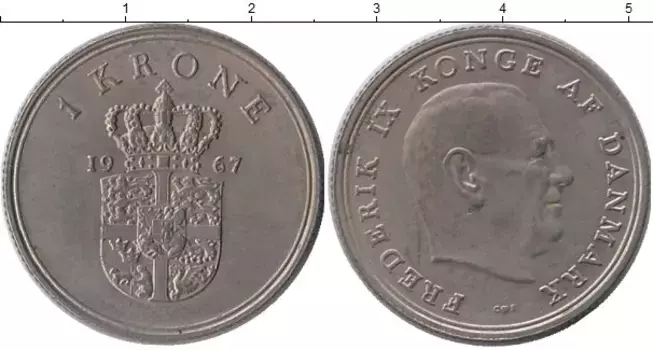 Монета крона Дании 1967 года Медно-никель Фредерик IX