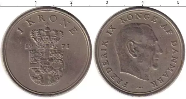 Монета крона Дании 1971 года Медно-никель Фредерик IX
