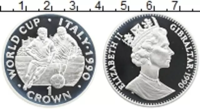 Монета крона Гибралтара 1990 года Серебро Чемпионат мира по футболу 1990, Италия