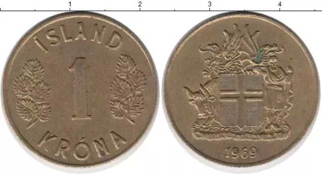 Монета крона Исландии 1969 года Латунь Герб