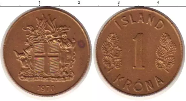 Монета крона Исландии 1970 года Латунь Герб