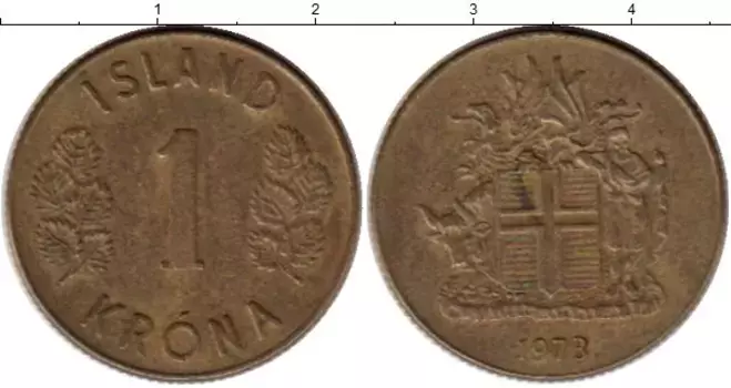 Монета крона Исландии 1973 года Латунь