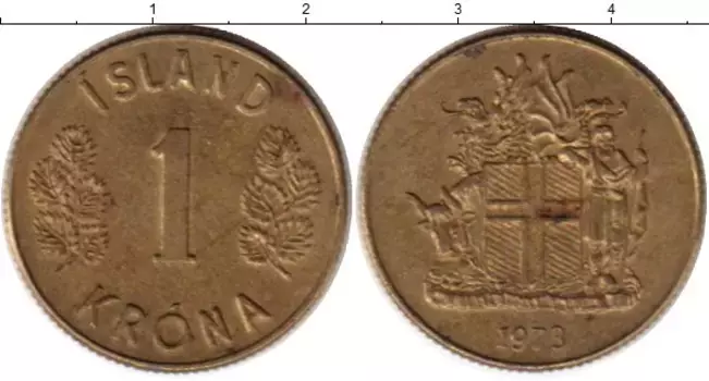 Монета крона Исландии 1973 года Латунь