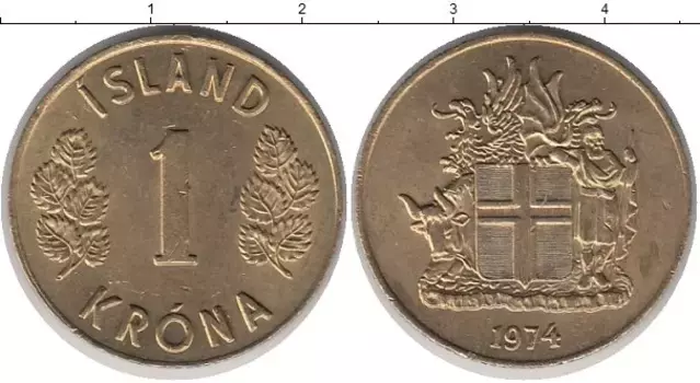 Монета крона Исландии 1974 года Латунь
