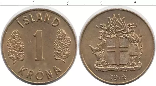 Монета крона Исландии 1974 года Латунь Герб