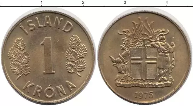 Монета крона Исландии 1975 года Латунь Герб