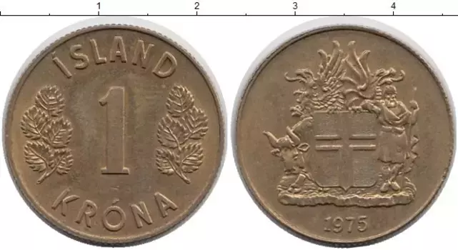 Монета крона Исландии 1975 года Латунь Герб