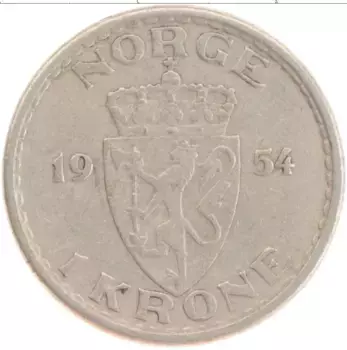 Монета крона Норвегии 1954 года Медно-никель Хакон VII