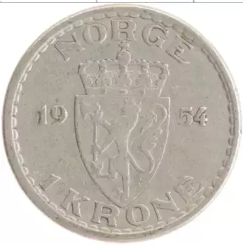 Монета крона Норвегии 1954 года Медно-никель Хокон VII
