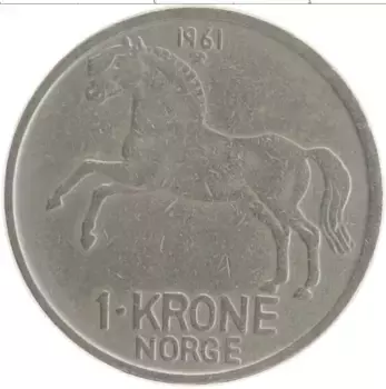 Монета крона Норвегии 1961 года Медно-никель Олаф V