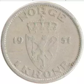 Монета крона Норвегии 1965 года Латунь Хакон VII