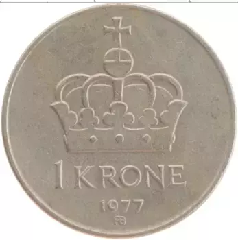Монета крона Норвегии 1977 года Медно-никель Улаф V