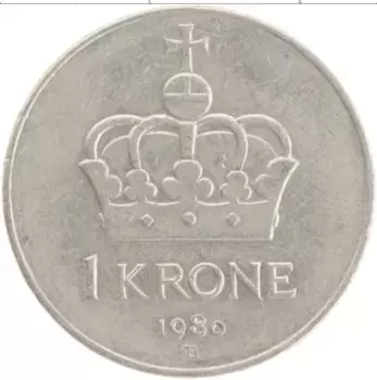 Монета крона Норвегии 1986 года Медно-никель Улаф V