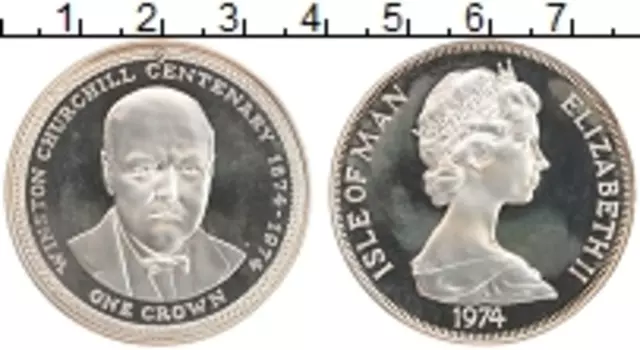 Монета крона Острова Мэн 1974 года Серебро 100 лет со дня рождения Уинстона Черчиля