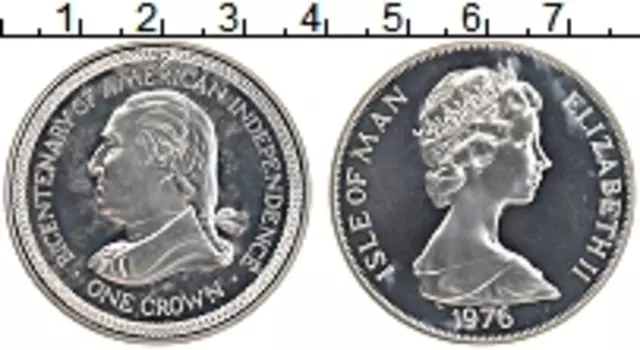 Монета крона Острова Мэн 1976 года Серебро Двухсотлетие американской Независимости