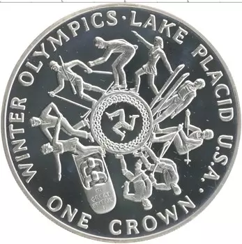 Монета крона Острова Мэн 1980 года Серебро XIII зимние Олимпийские Игры, Лейк-Плэсид 1980